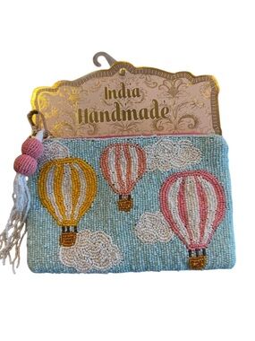 Handmade Beaded Hot Air Balloon Clutch w/keychain clip.  Blue, Pink & Yellow